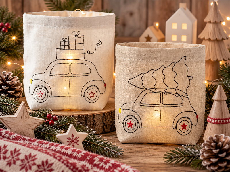 Retro Auto Weihnachts Set - redwork Stickdatei